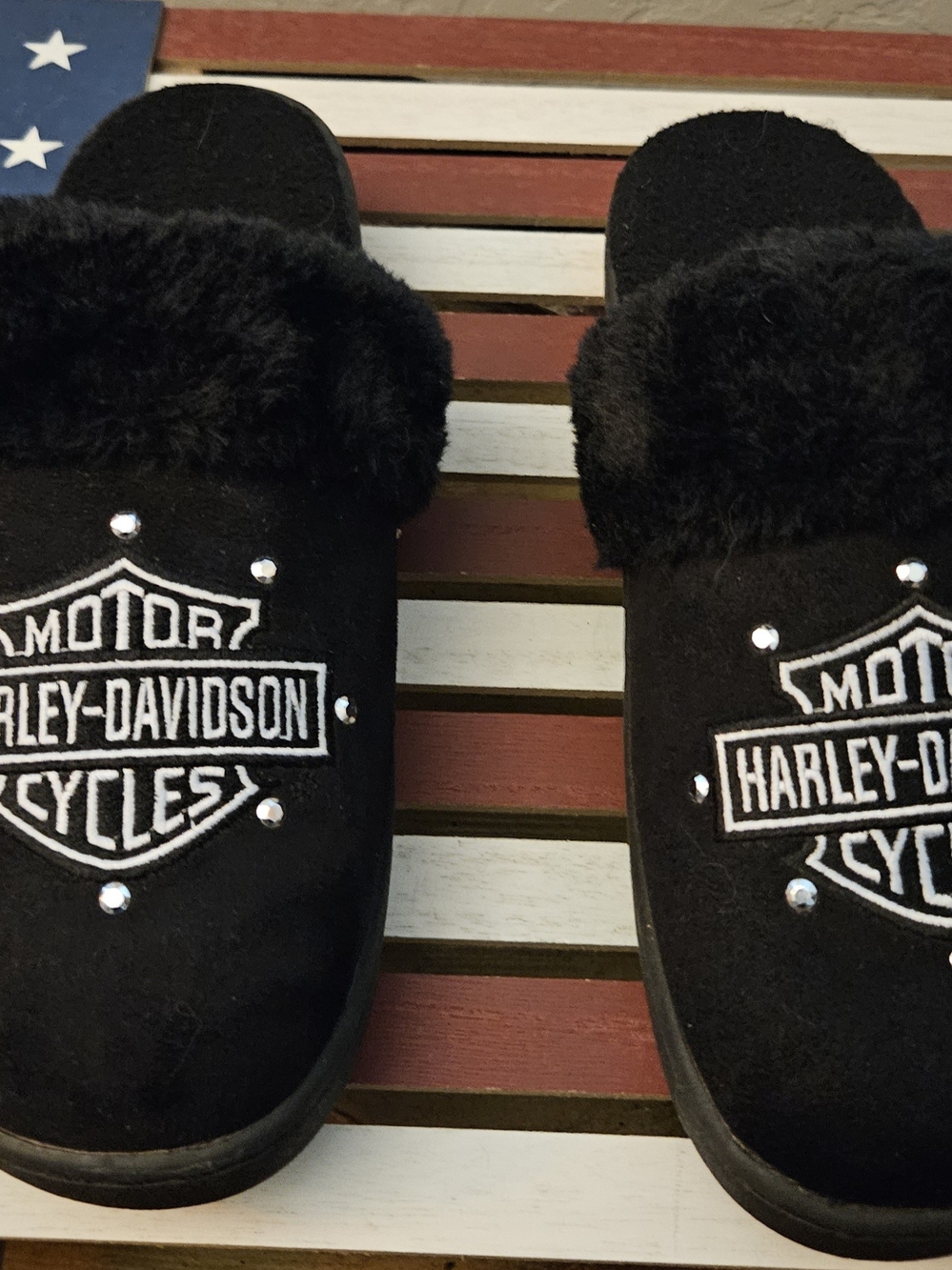 Harley-Davidson Black Faux-Fur Logo Slip-On Slippers with Silver Studs